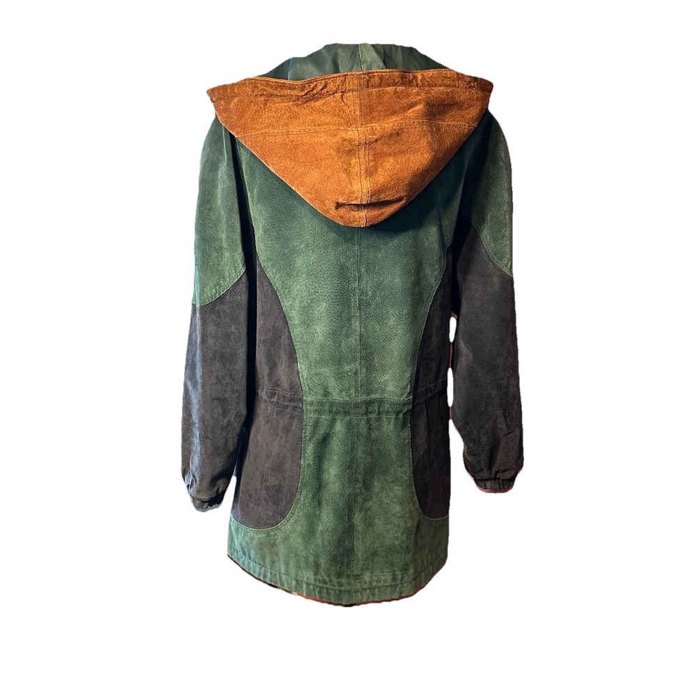 Vtg Preston & York Suede Leather Jacket LG Hooded Colorblock Drawstring Waist - Picture 3 of 16